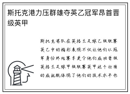 斯托克港力压群雄夺英乙冠军昂首晋级英甲